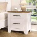 Space-Saving 2-Drawer Farmhouse Nightstand, Distressed White Bedside Table w/ Brown Top, Rustic Wood End Table for Bedroom & Living Room Sofa