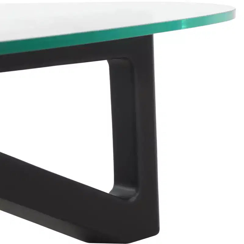 Tavolino da Caffè Triangolare con Piano in Vetro e Base in Legno di Frassino Lucido per Casa, Soggiorno, Ufficio