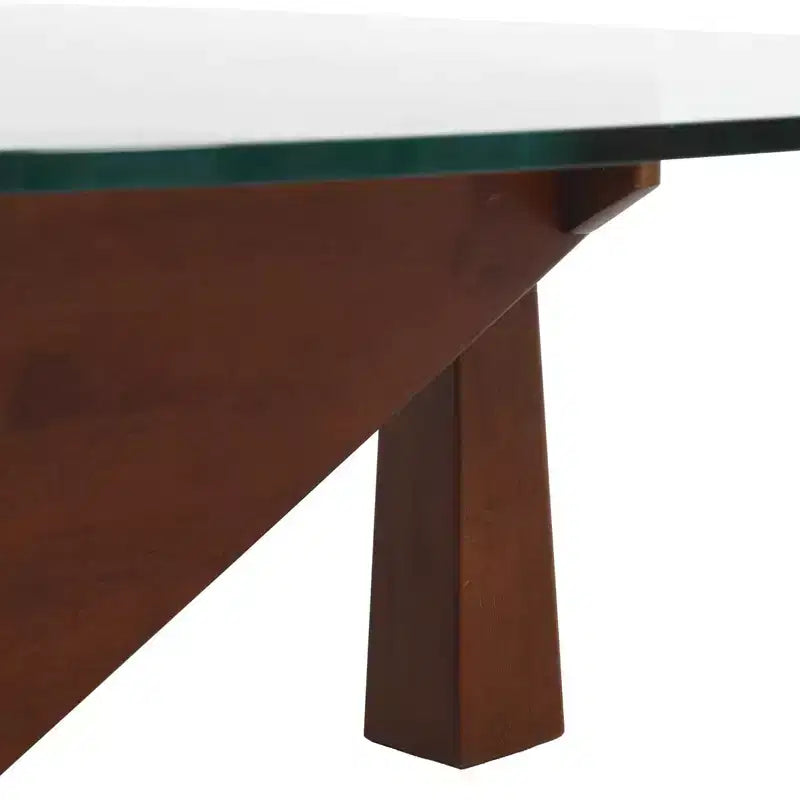 Tavolino da Caffè Triangolare con Piano in Vetro e Base in Legno di Frassino Lucido per Casa, Soggiorno, Ufficio