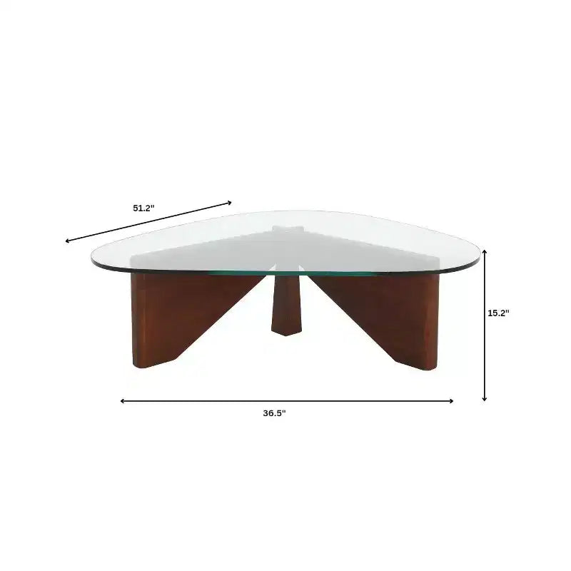 Tavolino da Caffè Triangolare con Piano in Vetro e Base in Legno di Frassino Lucido per Casa, Soggiorno, Ufficio