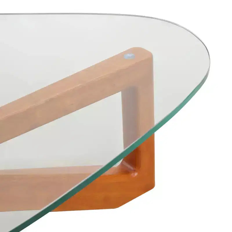 Tavolino da Caffè Triangolare con Piano in Vetro e Base in Legno di Frassino Lucido per Casa, Soggiorno, Ufficio