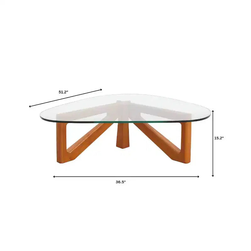 Tavolino da Caffè Triangolare con Piano in Vetro e Base in Legno di Frassino Lucido per Casa, Soggiorno, Ufficio