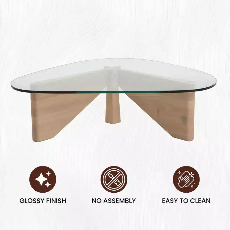 Tavolino da Caffè Triangolare con Piano in Vetro e Base in Legno di Frassino Lucido per Casa, Soggiorno, Ufficio