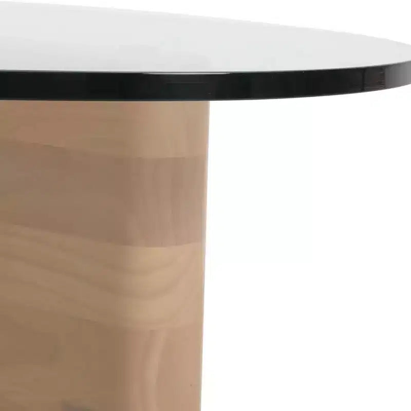 Tavolino da Caffè Triangolare con Piano in Vetro e Base in Legno di Frassino Lucido per Casa, Soggiorno, Ufficio