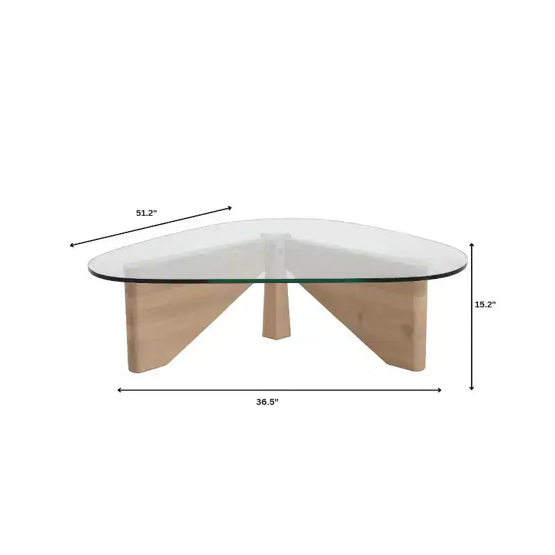 Tavolino da Caffè Triangolare con Piano in Vetro e Base in Legno di Frassino Lucido per Casa, Soggiorno, Ufficio