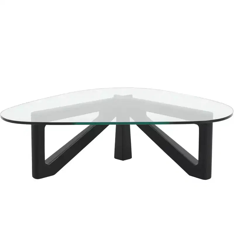 LeisureMod Imperial Collection Triangular Glass Top Coffee Table with Glossy Ash Wood Base for Home, Living Room, Office